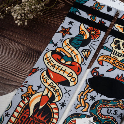 traditional tattoo socks till death do us part skull artist collaboration socks alternative design