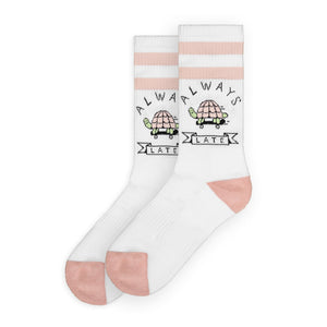 Always Late Mid High Socks with a turtle, Always Late lettering and pink retro stripes, by American Socks
